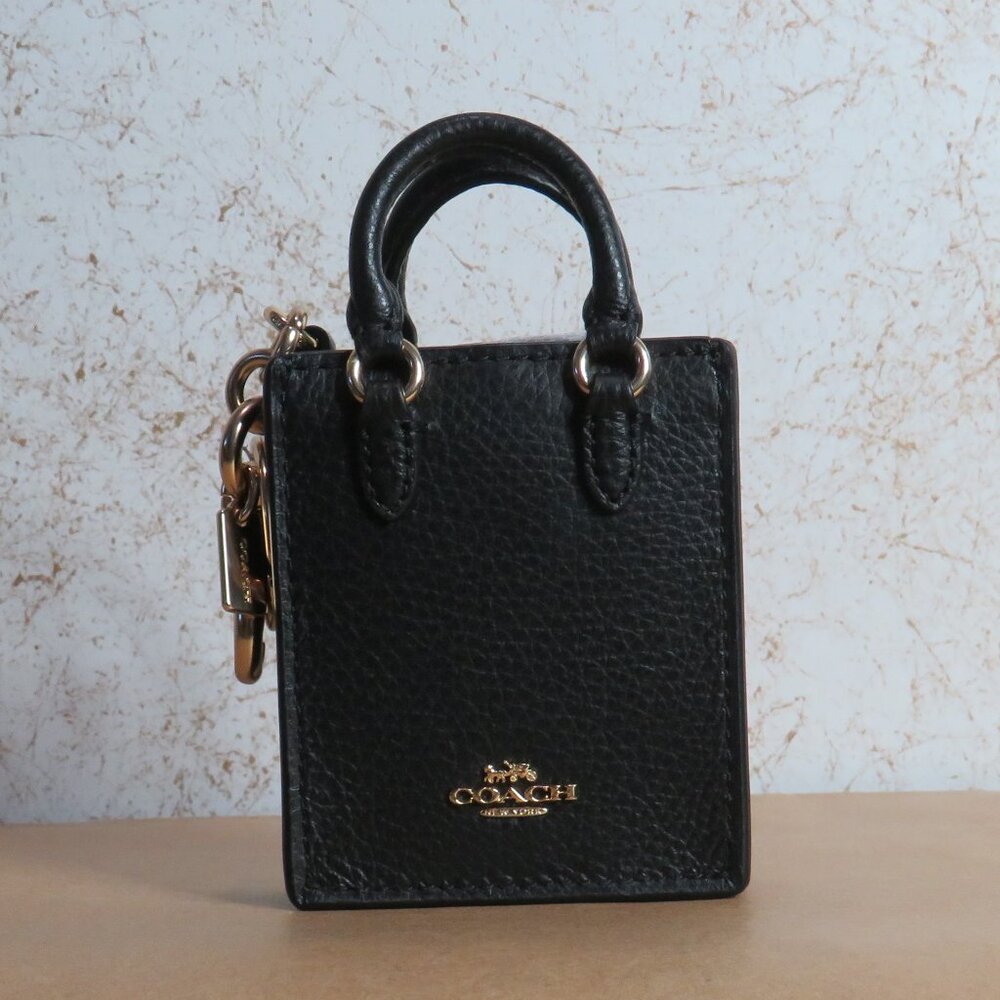 Coach Black Pebbled Leather Mini Tote Key & Card Holder with Gold Hardware